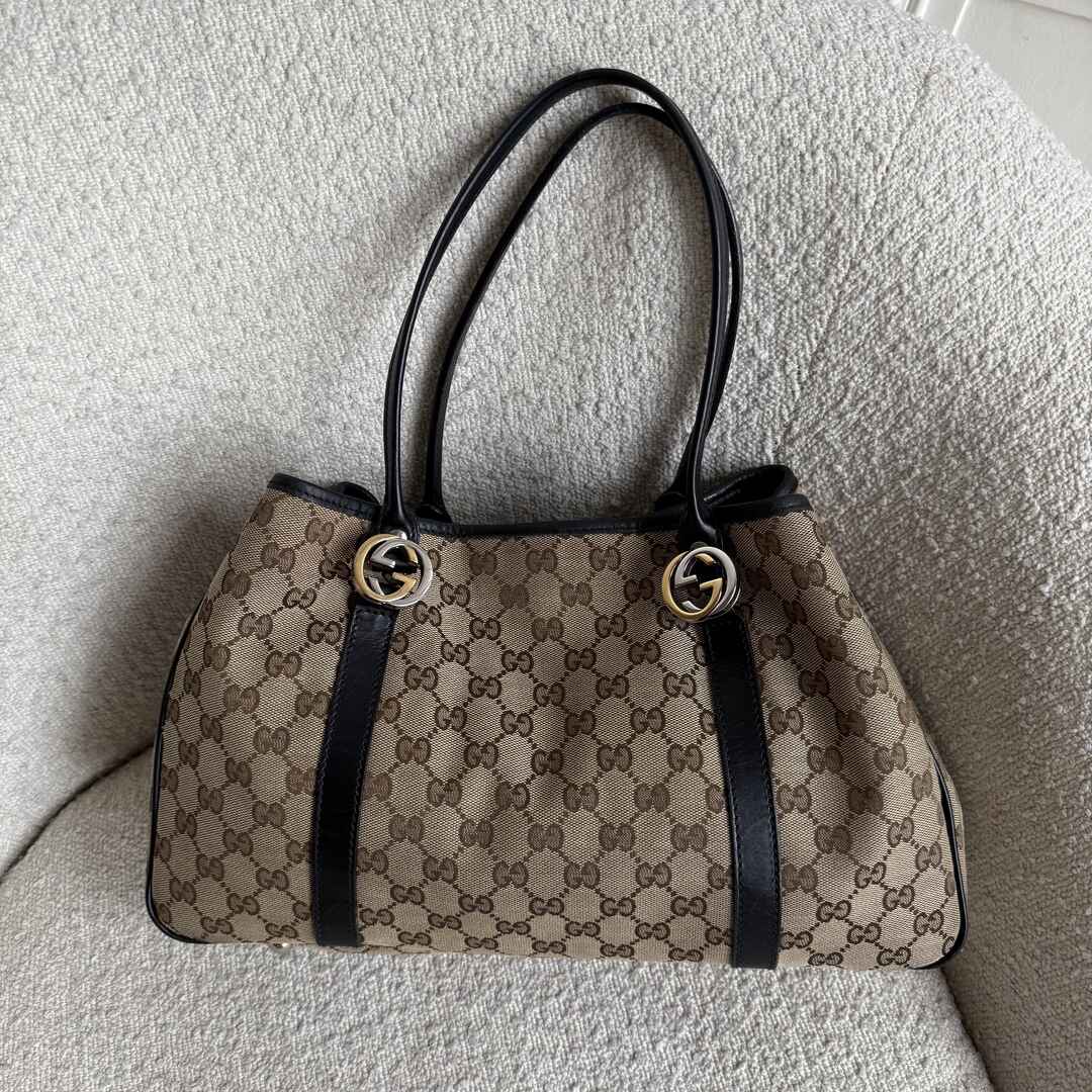 Gucci GG Canvas Twins Black Leather Tote Bag