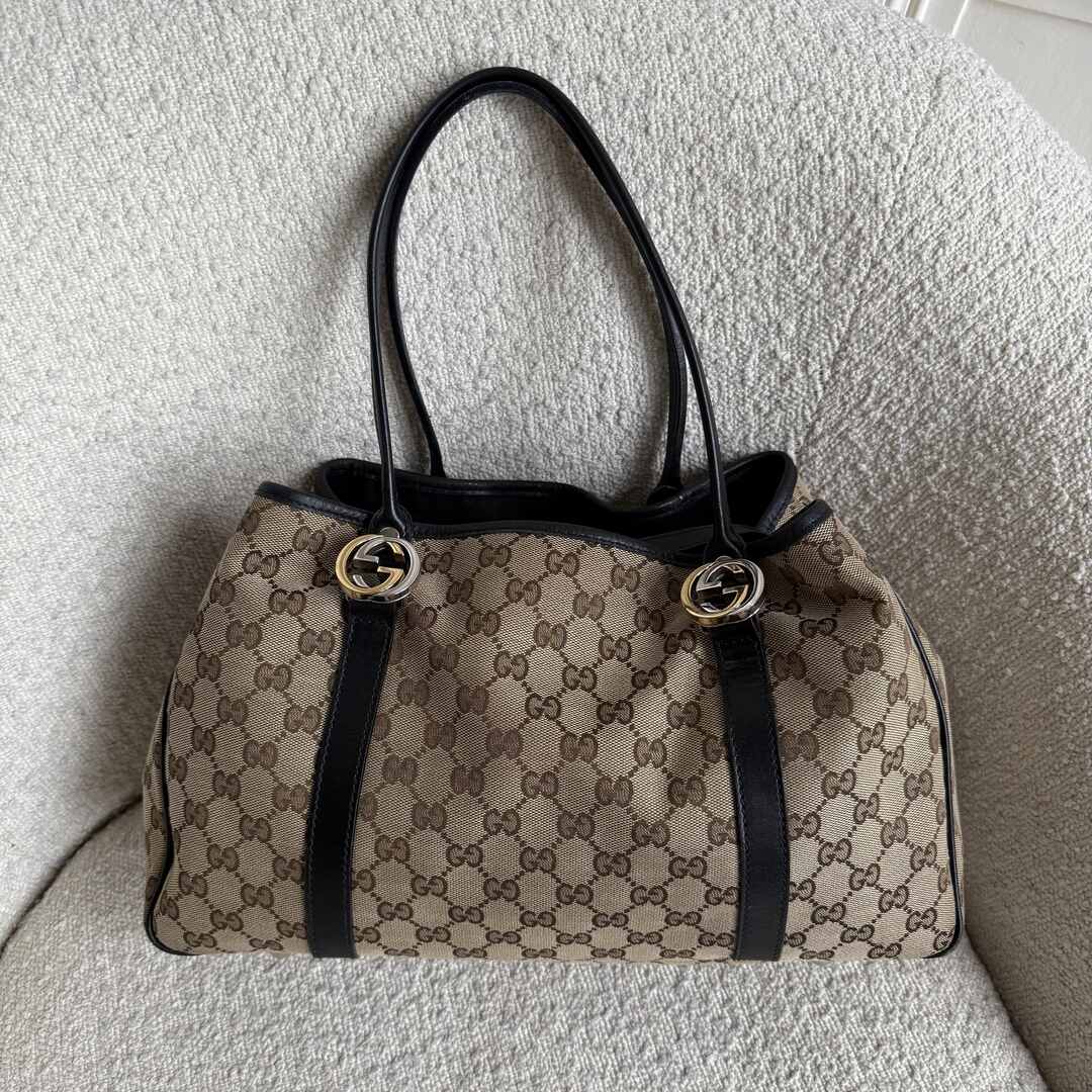 Gucci GG Canvas Twins Black Leather Tote Bag