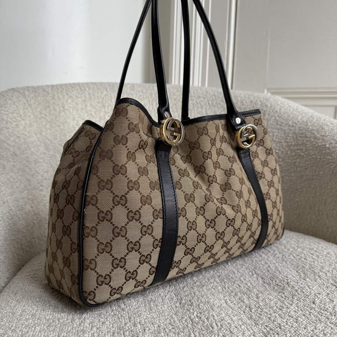 Gucci GG Canvas Twins Black Leather Tote Bag