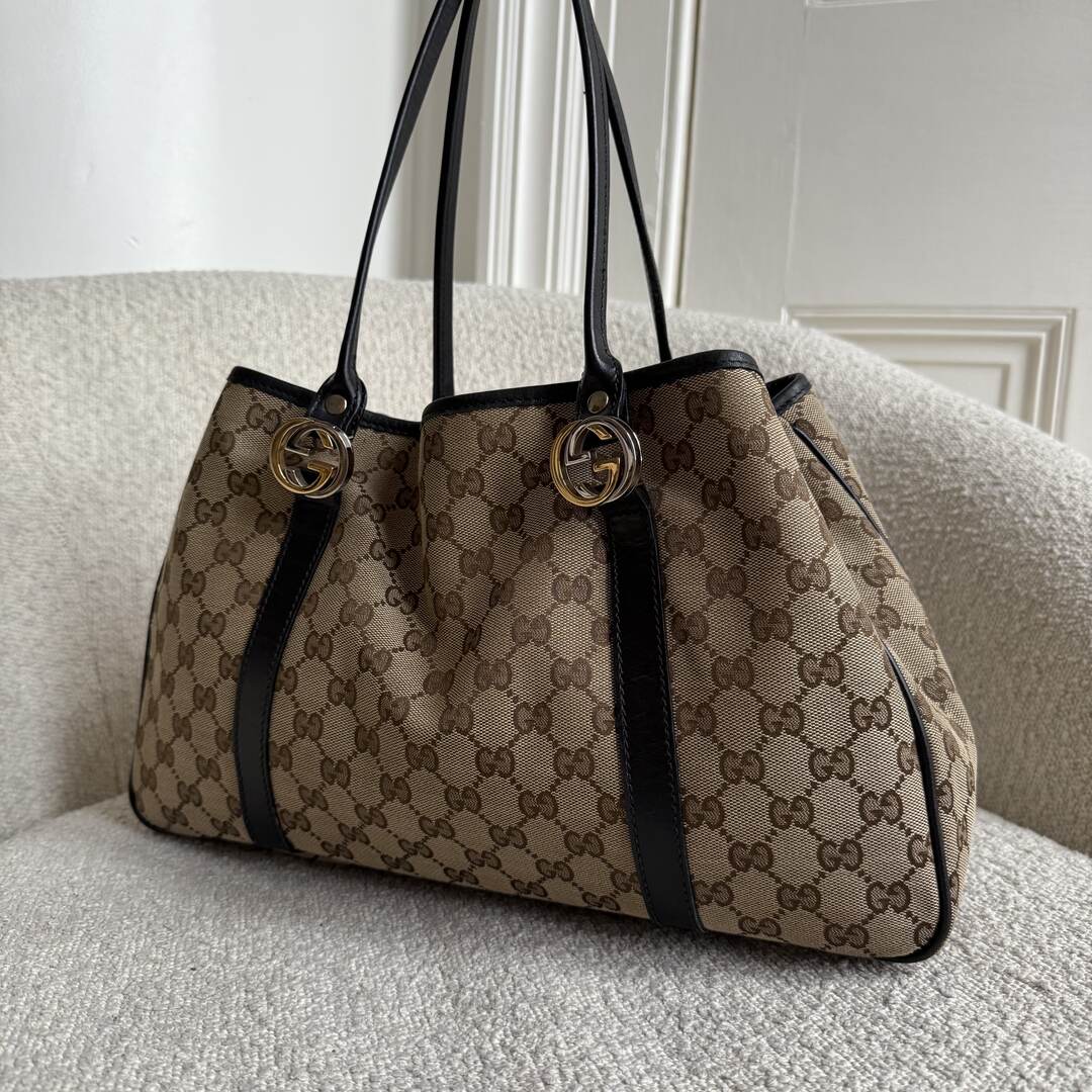 Gucci GG Canvas Twins Black Leather Tote Bag