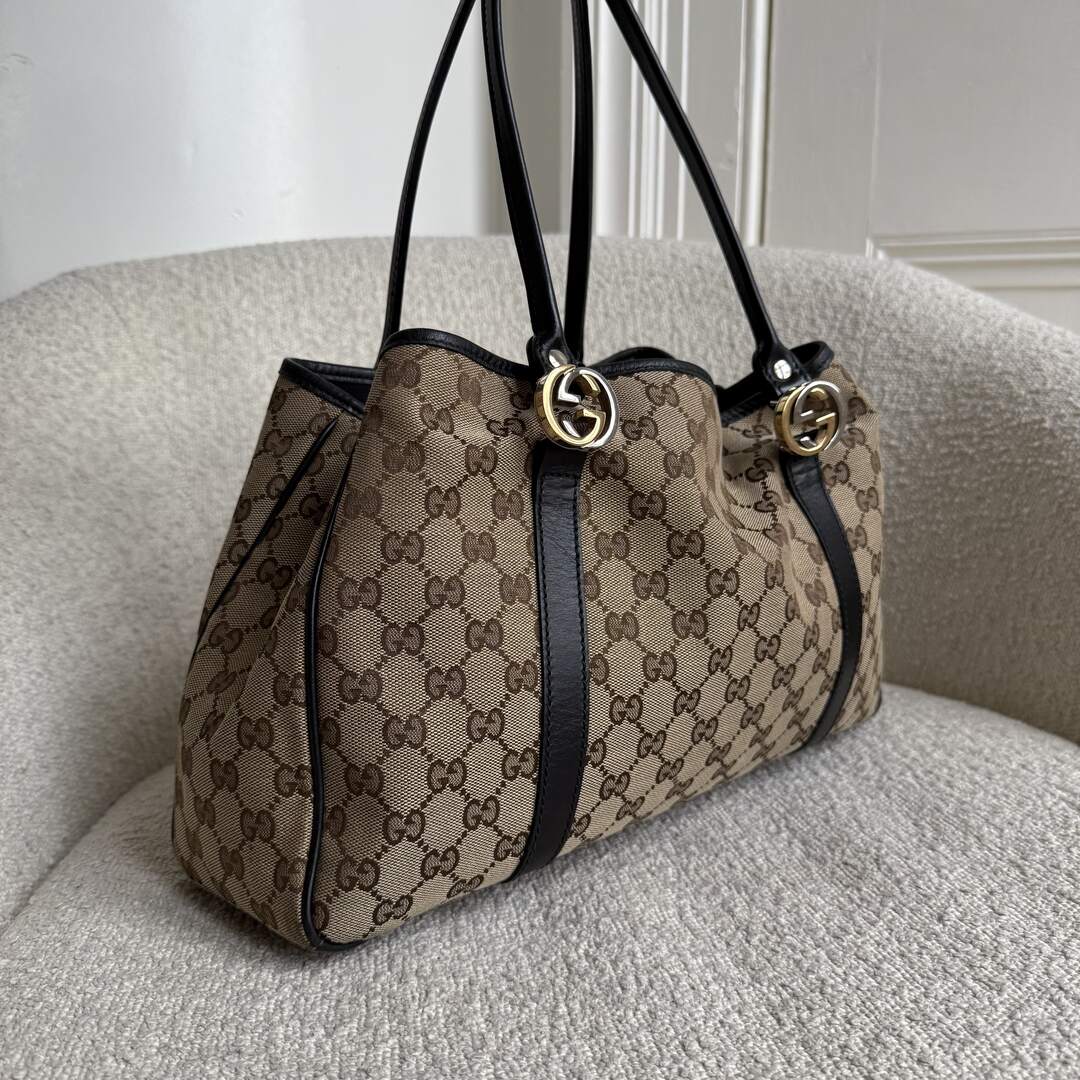 Gucci GG Canvas Twins Black Leather Tote Bag