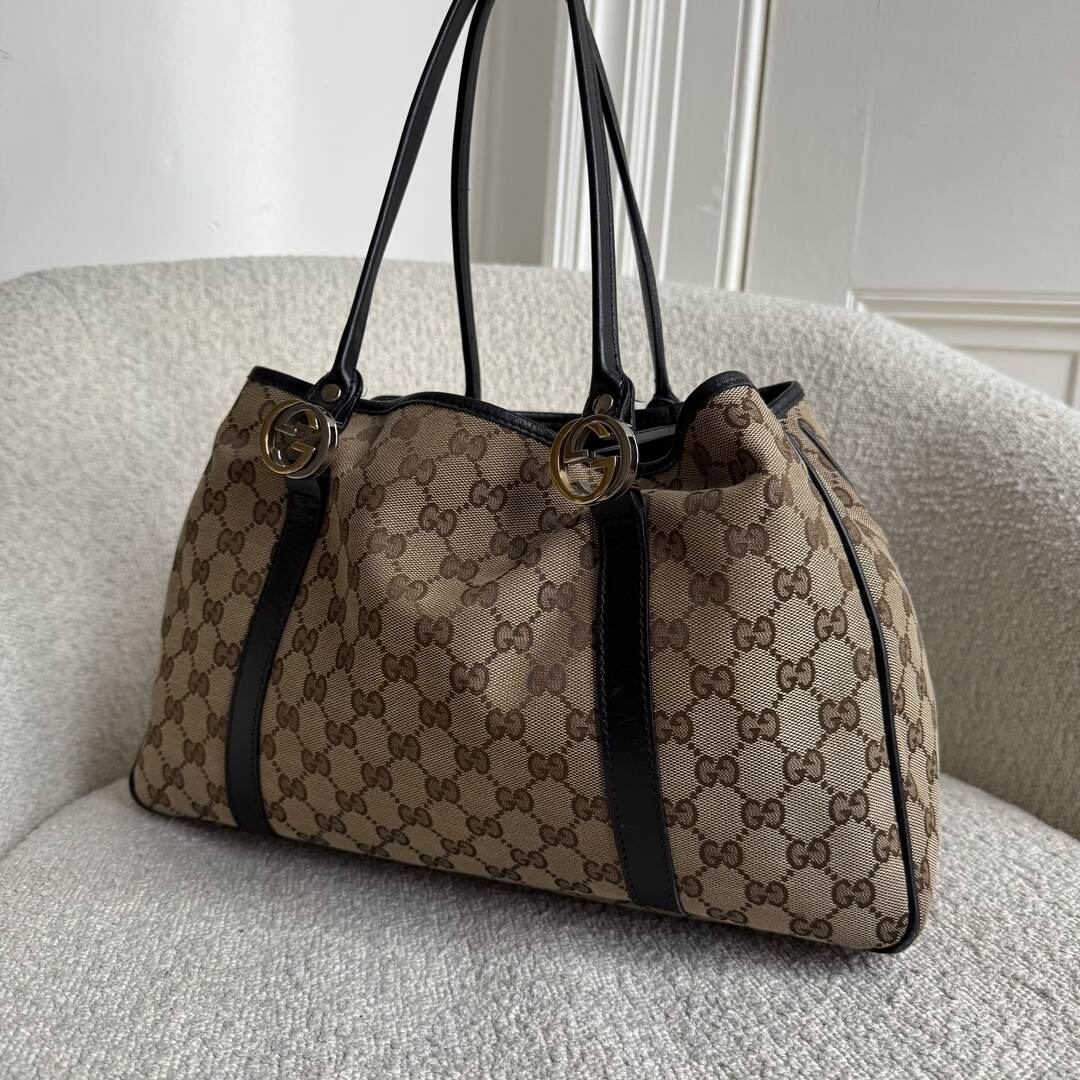 Gucci GG Canvas Twins Black Leather Tote Bag