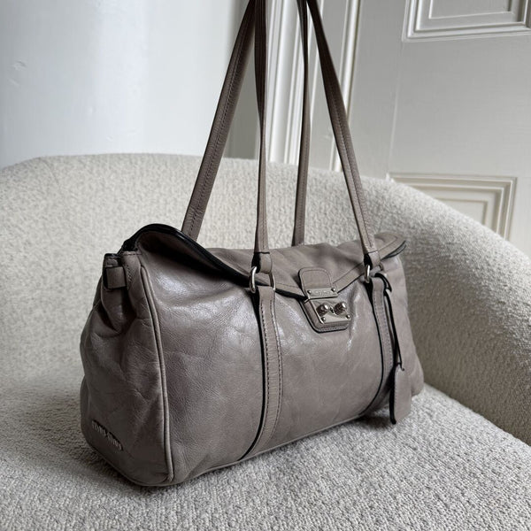 Miu Miu Vitello Shine Grey Leather Shoulder Bag