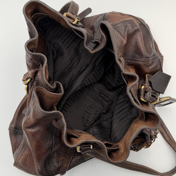 2006 Prada Cervo Drawstring Brown Leather Shoulder Bag