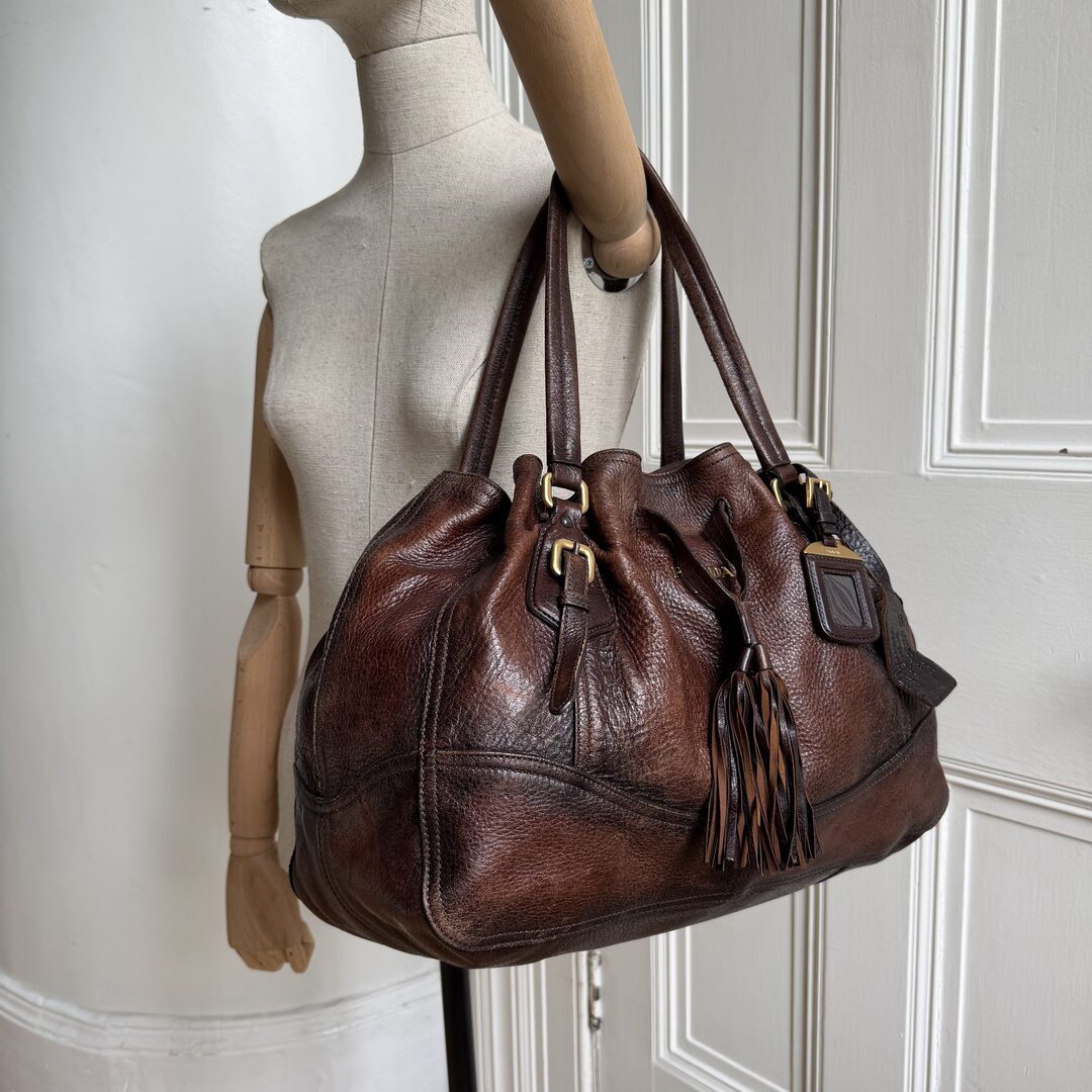 2006 Prada Cervo Drawstring Brown Leather Shoulder Bag