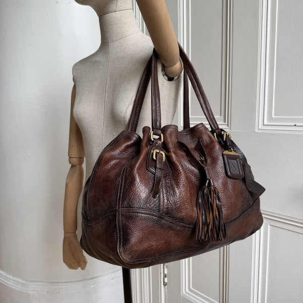 2006 Prada Cervo Drawstring Brown Leather Shoulder Bag