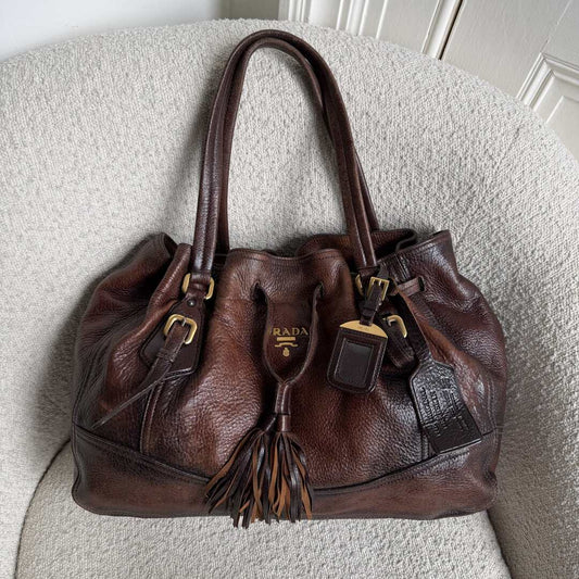 2006 Prada Cervo Drawstring Brown Leather Shoulder Bag
