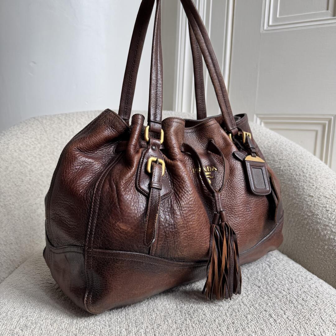 2006 Prada Cervo Drawstring Brown Leather Shoulder Bag