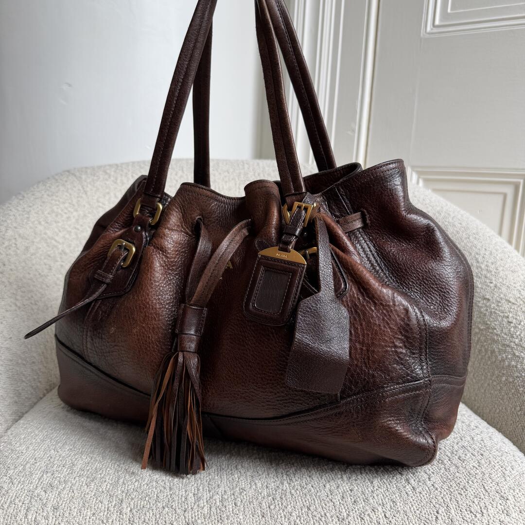 2006 Prada Cervo Drawstring Brown Leather Shoulder Bag