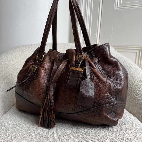 2006 Prada Cervo Drawstring Brown Leather Shoulder Bag