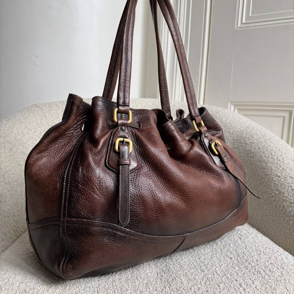 2006 Prada Cervo Drawstring Brown Leather Shoulder Bag