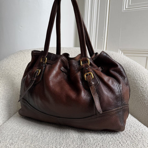 2006 Prada Cervo Drawstring Brown Leather Shoulder Bag