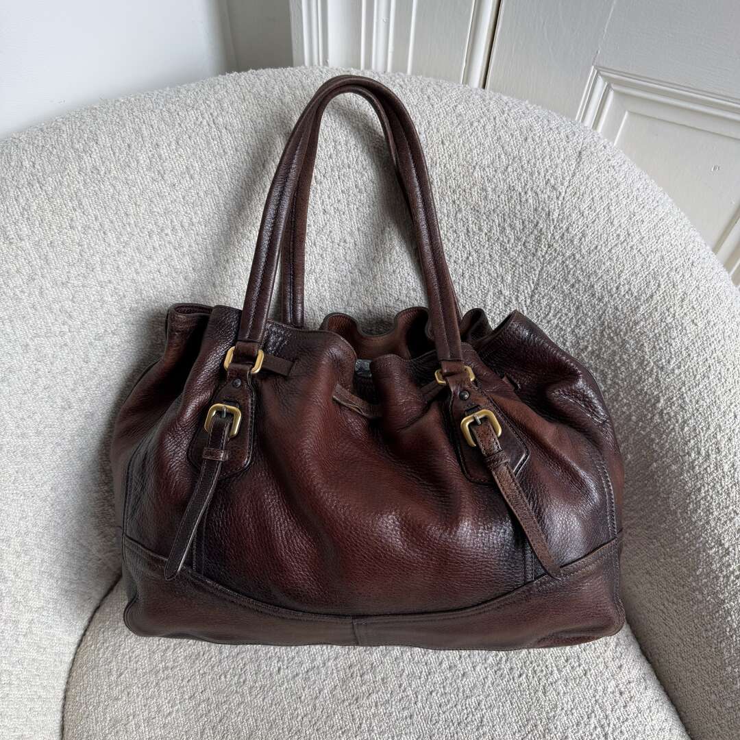 2006 Prada Cervo Drawstring Brown Leather Shoulder Bag