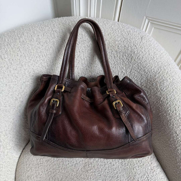 2006 Prada Cervo Drawstring Brown Leather Shoulder Bag