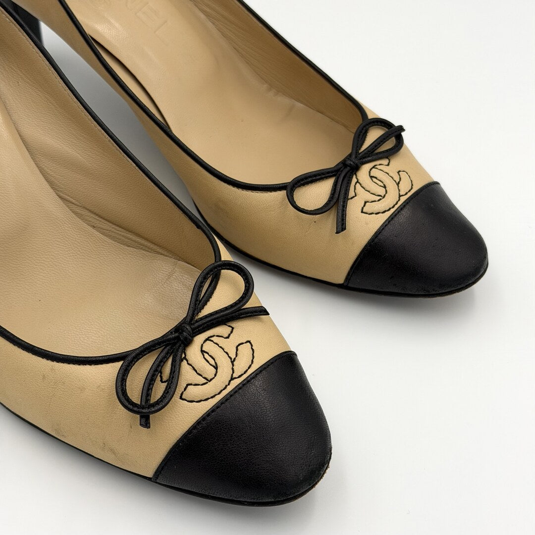 Chanel CC Bow Beige Kitten Heels