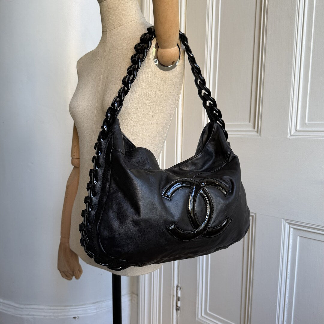 2008 Chanel Modern Chain Hobo Black Leather Shoulder Bag