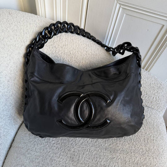 2008 Chanel Modern Chain Hobo Black Leather Shoulder Bag