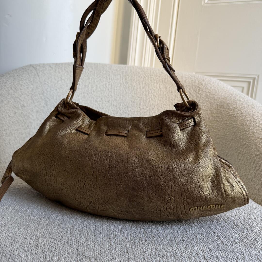 Miu Miu Hobo Metallic Leather Gold Shoulder Bag