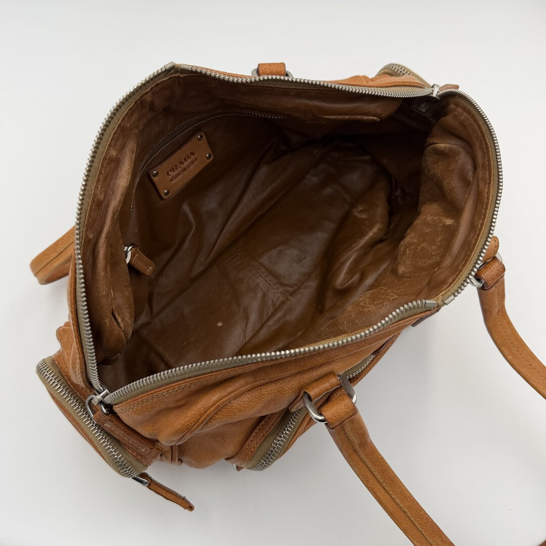 2008 Prada Washed Bauletto Caramel Brown Leather Shoulder Bag