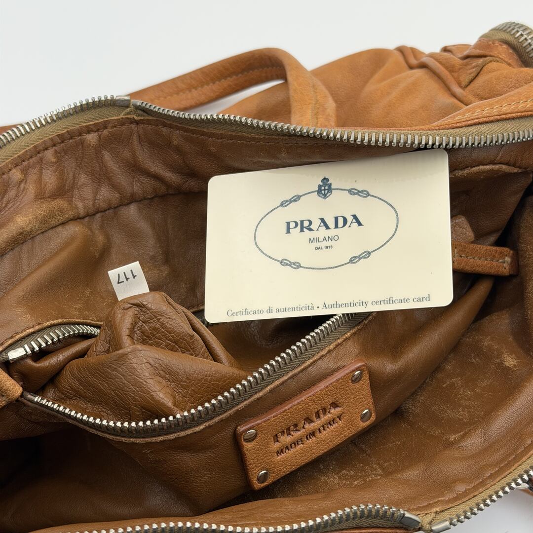 2008 Prada Washed Bauletto Caramel Brown Leather Shoulder Bag