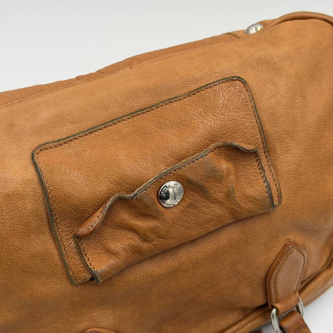 2008 Prada Washed Bauletto Caramel Brown Leather Shoulder Bag