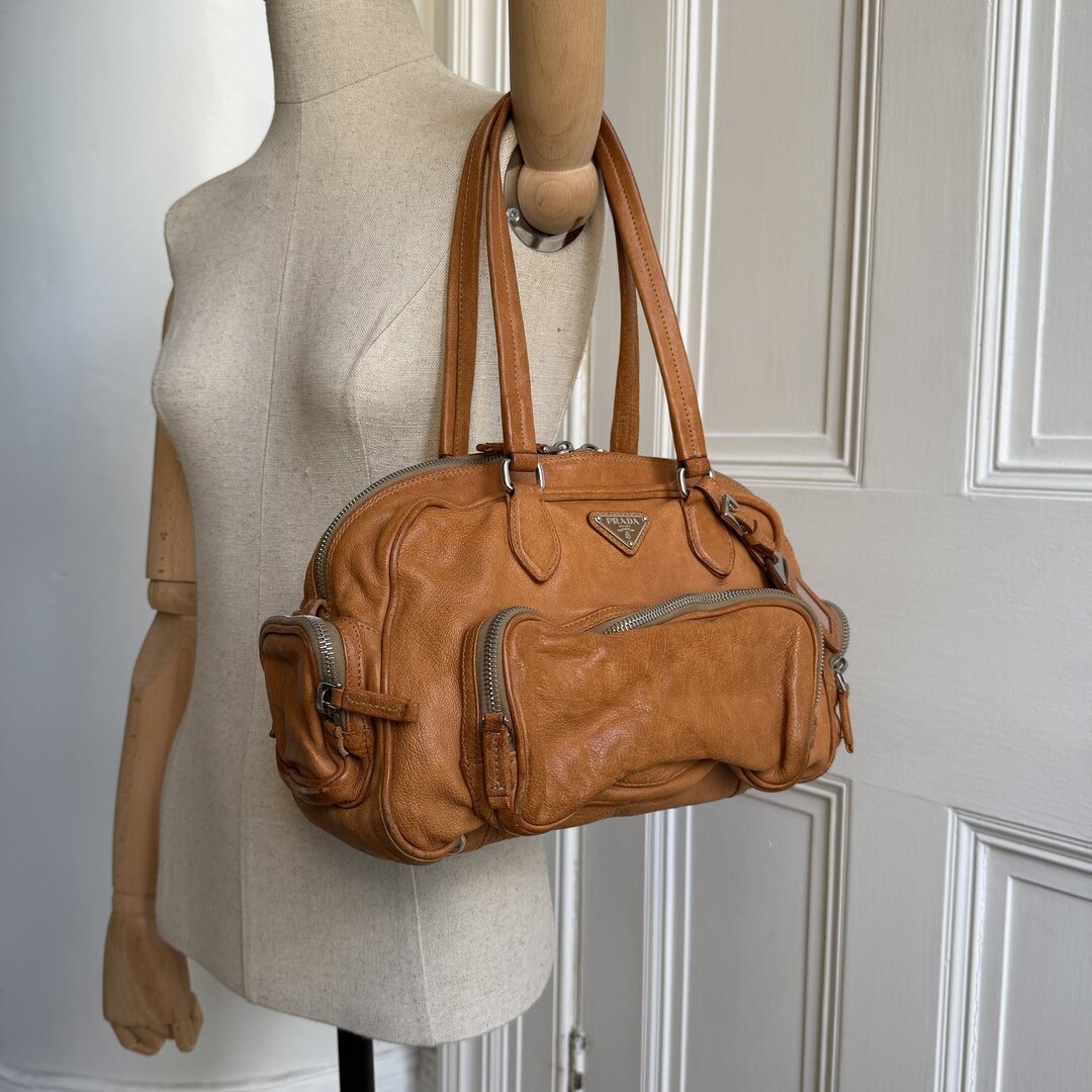 2008 Prada Washed Bauletto Caramel Brown Leather Shoulder Bag
