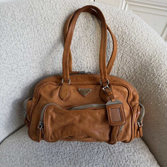 2008 Prada Washed Bauletto Caramel Brown Leather Shoulder Bag