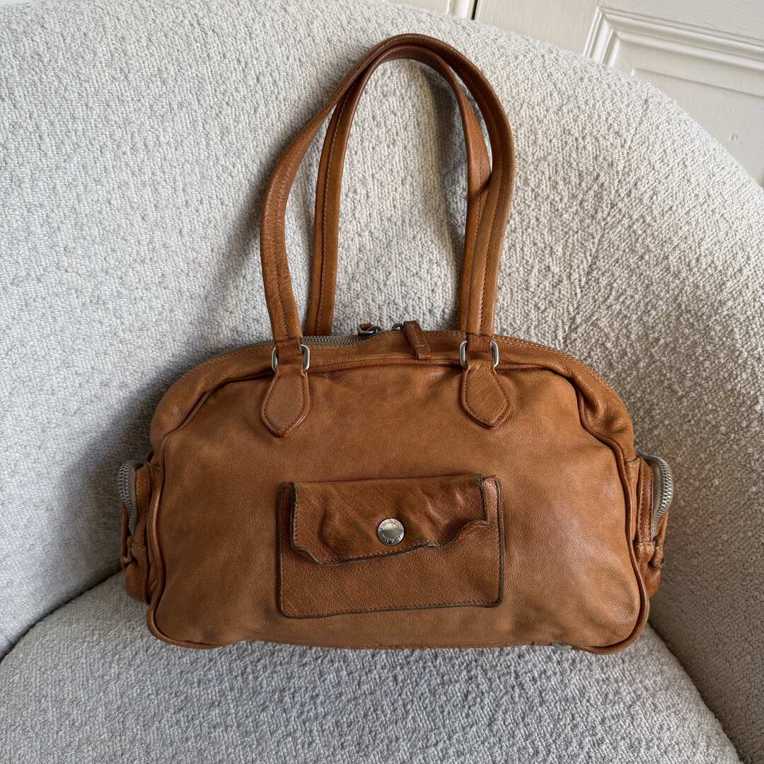 2008 Prada Washed Bauletto Caramel Brown Leather Shoulder Bag