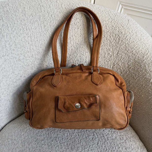 2008 Prada Washed Bauletto Caramel Brown Leather Shoulder Bag