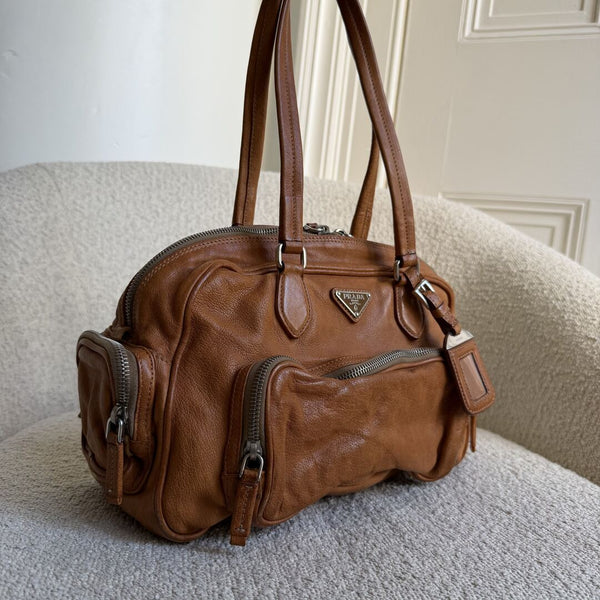 2008 Prada Washed Bauletto Caramel Brown Leather Shoulder Bag