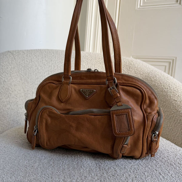 2008 Prada Washed Bauletto Caramel Brown Leather Shoulder Bag