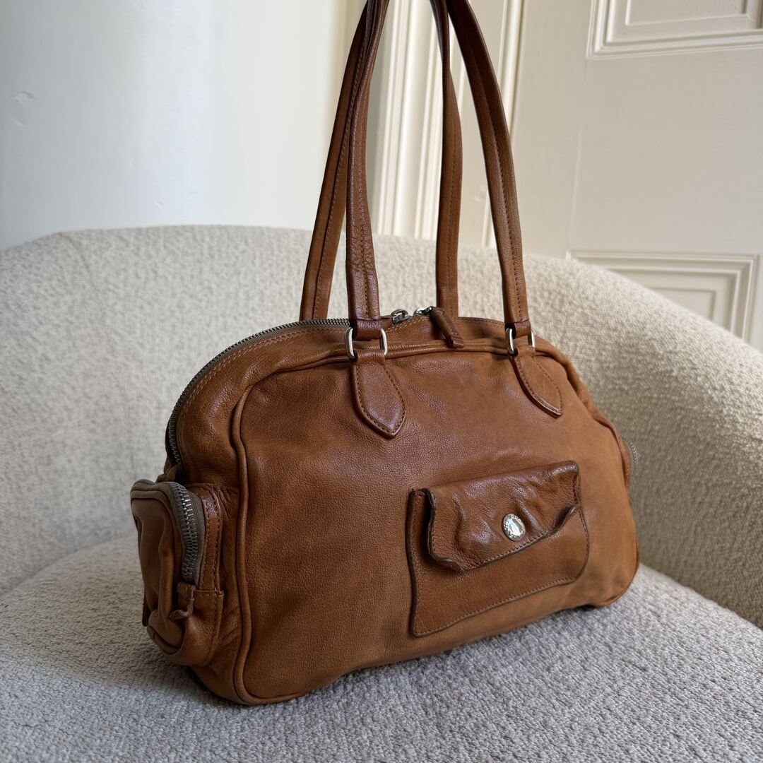 2008 Prada Washed Bauletto Caramel Brown Leather Shoulder Bag