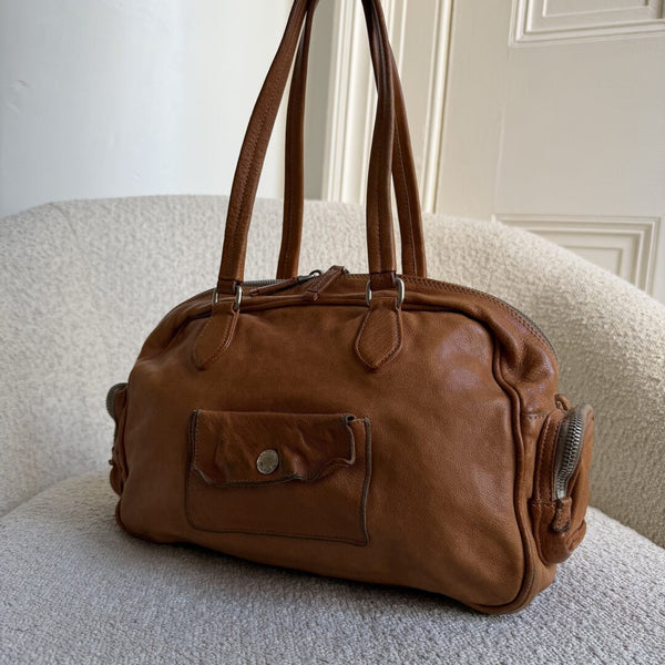 2008 Prada Washed Bauletto Caramel Brown Leather Shoulder Bag