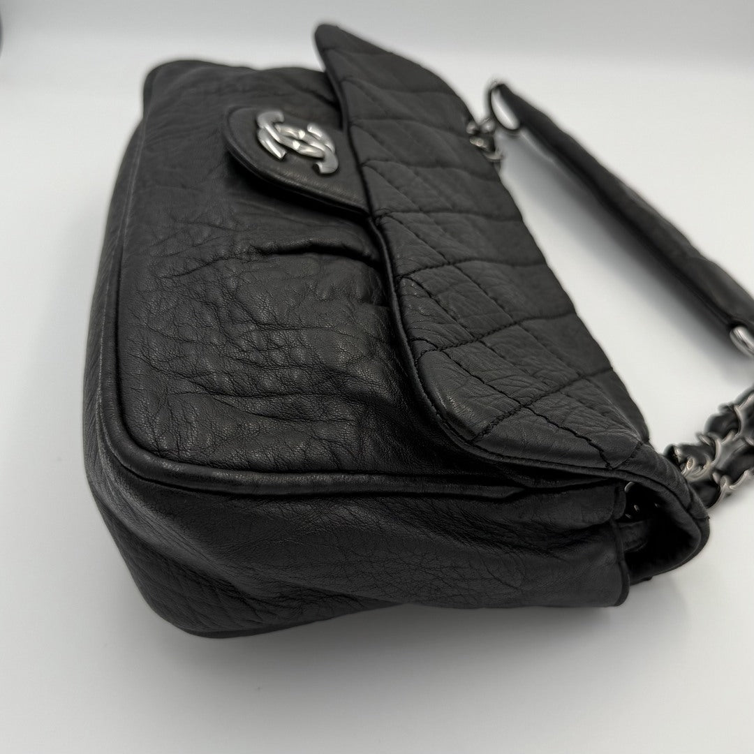 2008 Chanel CC Black Matelasse Silver Chain Flap Shoulder Bag