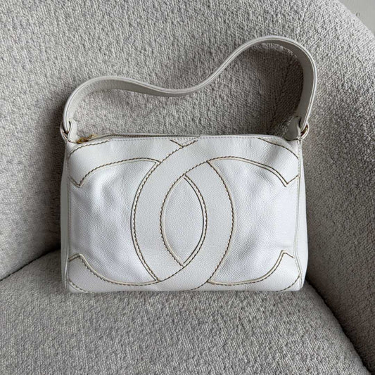 2005 Chanel Surpique CC White Caviar Shoulder Bag