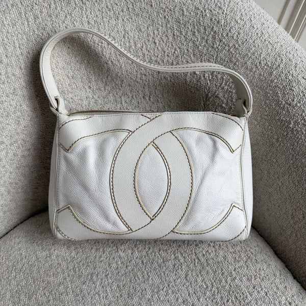 2005 Chanel Surpique CC White Caviar Shoulder Bag