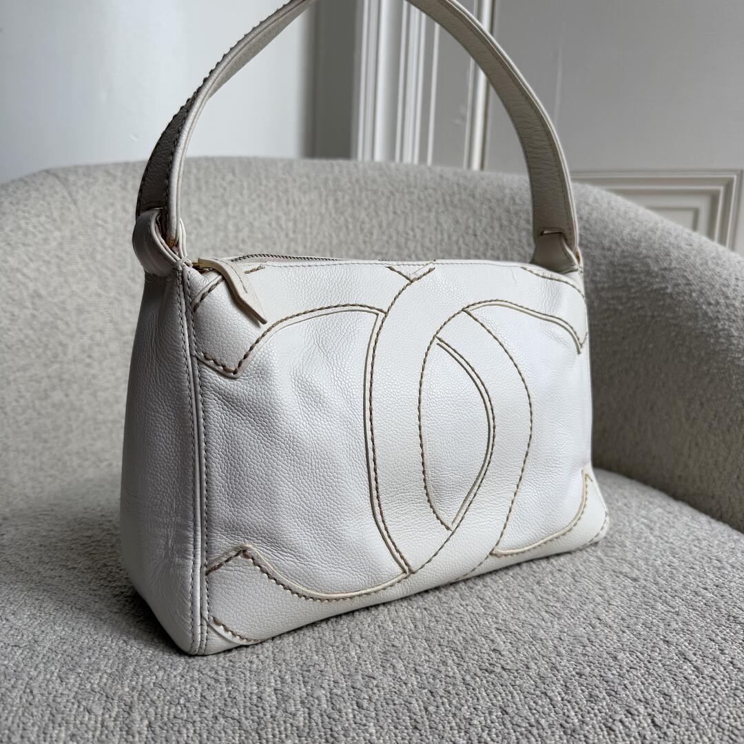2005 Chanel Surpique CC White Caviar Shoulder Bag