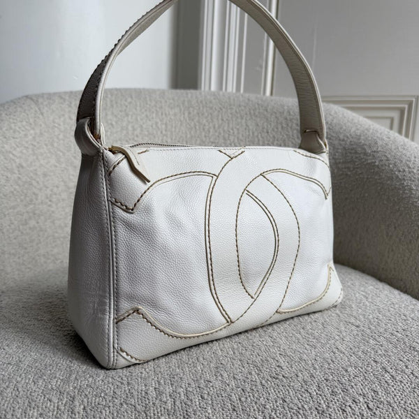 2005 Chanel Surpique CC White Caviar Shoulder Bag