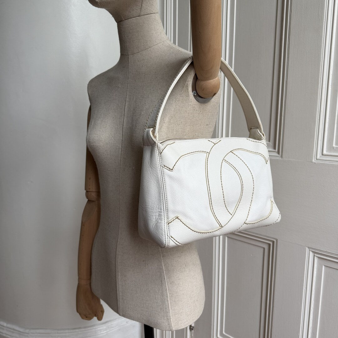 2005 Chanel Surpique CC White Caviar Shoulder Bag