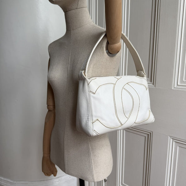 2005 Chanel Surpique CC White Caviar Shoulder Bag