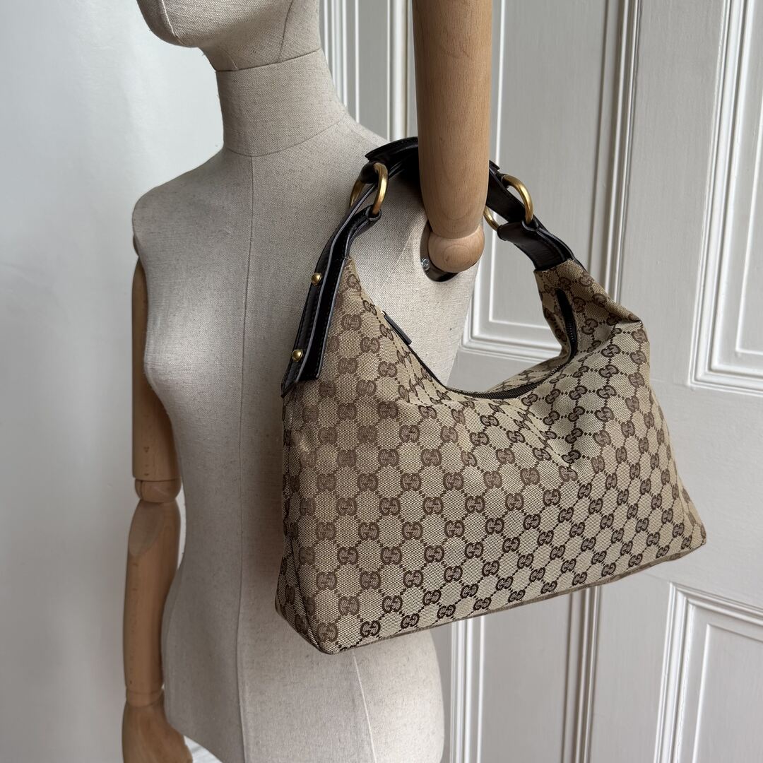 Gucci GG Canvas Horsebit Hobo Brown Shoulder Bag