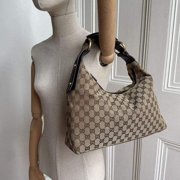 Gucci GG Canvas Horsebit Hobo Brown Shoulder Bag