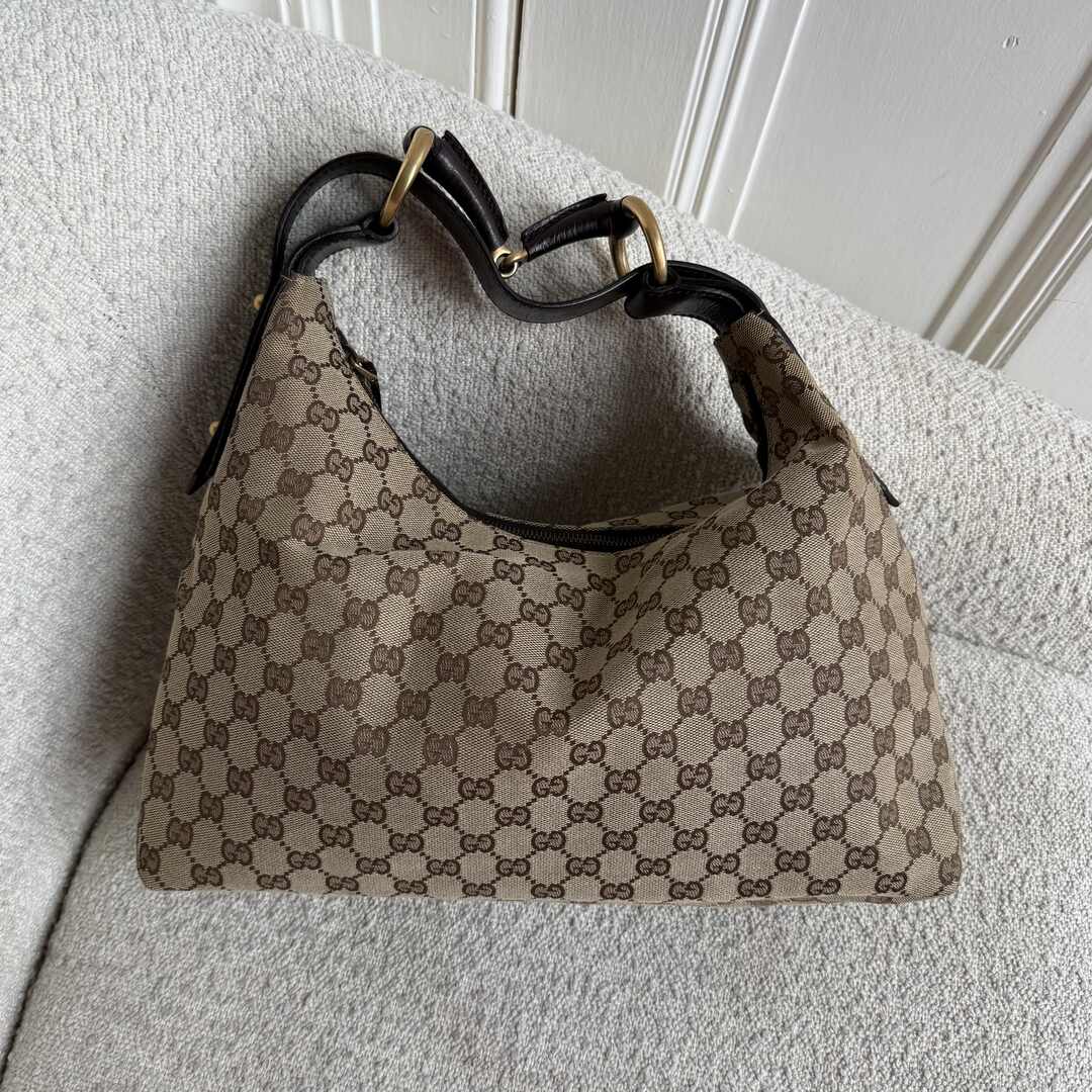 Gucci GG Canvas Horsebit Hobo Brown Shoulder Bag