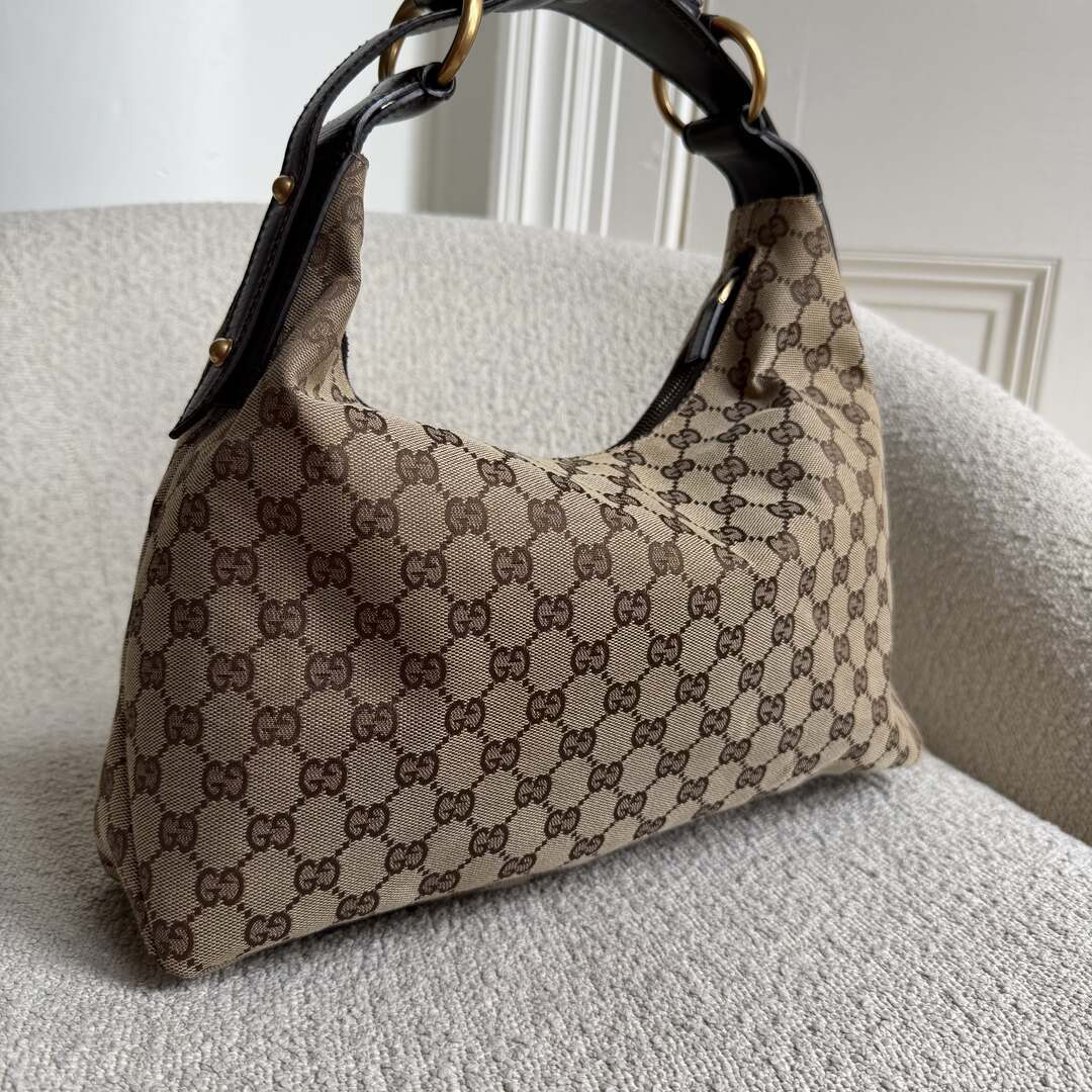 Gucci GG Canvas Horsebit Hobo Brown Shoulder Bag