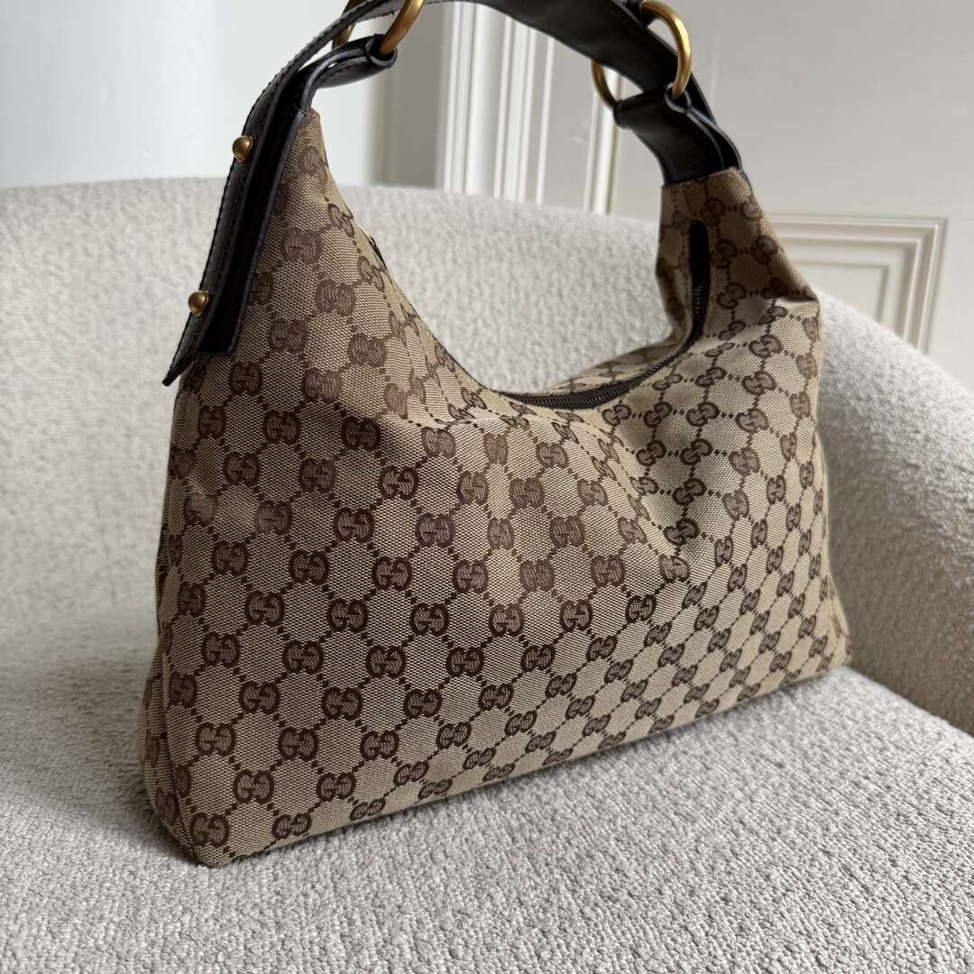 Gucci GG Canvas Horsebit Hobo Brown Shoulder Bag