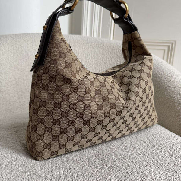 Gucci GG Canvas Horsebit Hobo Brown Shoulder Bag