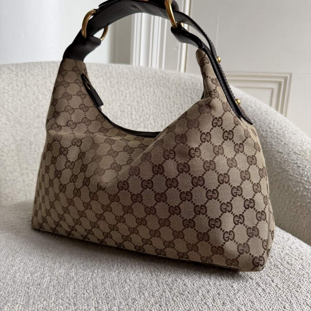 Gucci GG Canvas Horsebit Hobo Brown Shoulder Bag