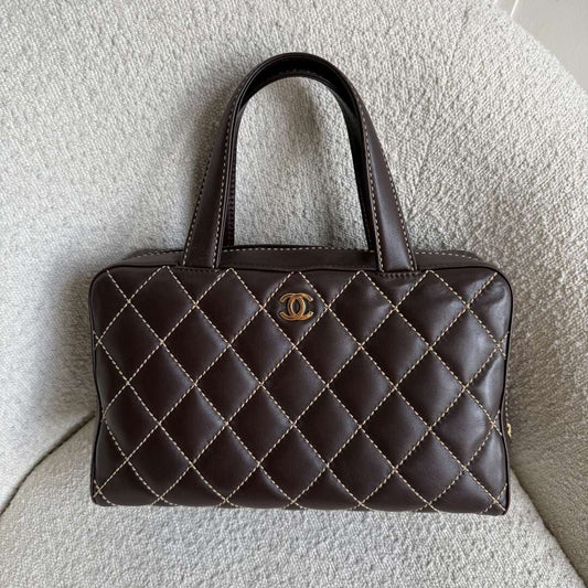 2002 Chanel CC Surpique Wild Stitch Brown Leather Handbag