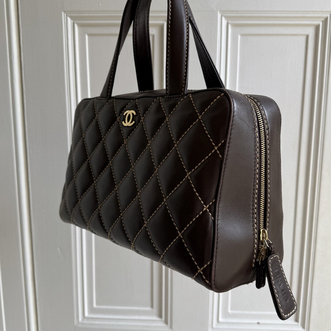 2002 Chanel CC Surpique Wild Stitch Brown Leather Handbag