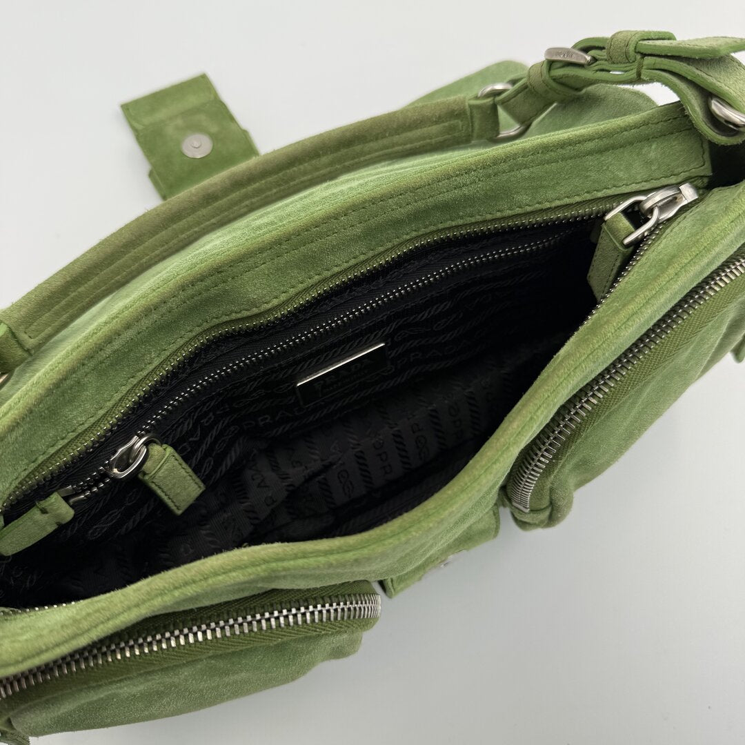 2000s Prada Scamosciato Suede Green Shoulder Bag